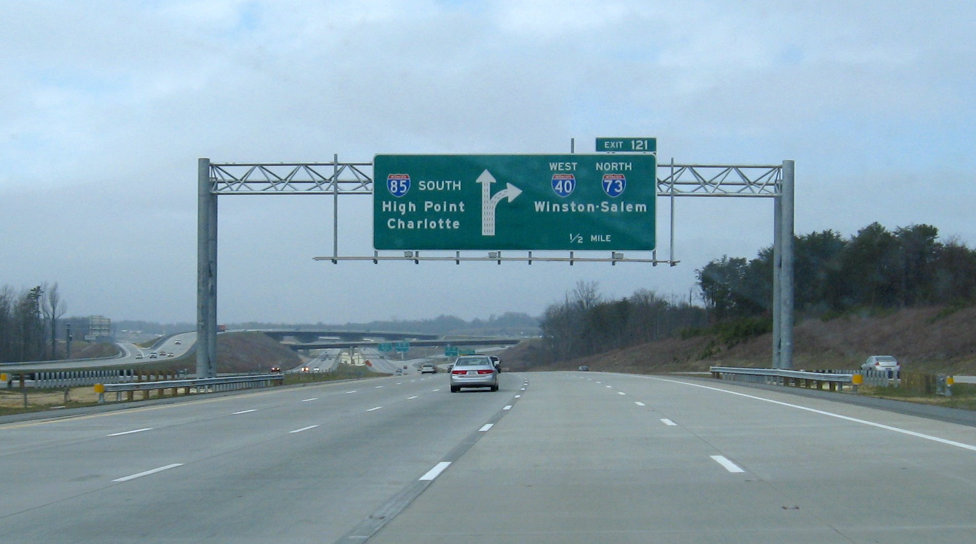 Exit signage at the split of I-85 South and I-73 North before I-40 was moved back
to its original route, Feb. 2007