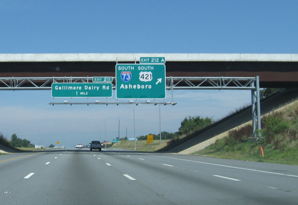 Exit signage at off-ramp for I-73/I-840 portion of Greensboro Loop on I-40 West 
in Sept. 2009