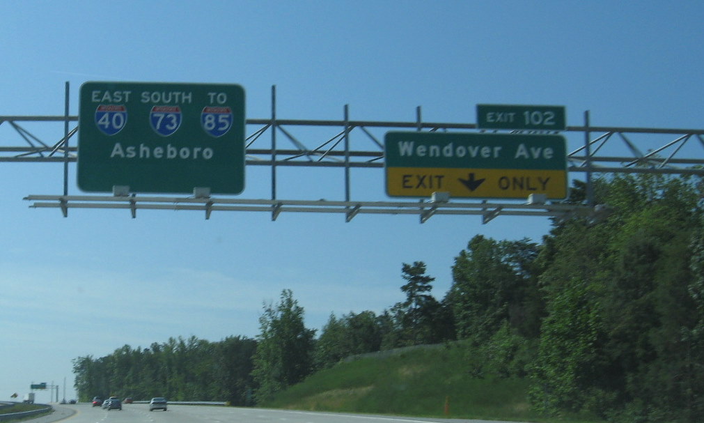 Photo of exit sign for Wendover Avenue on I-73 South Greensboro Loop in
July 2009