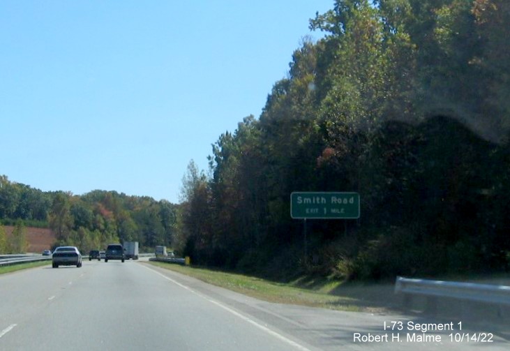 Image of first Future I-73 exit sign for Smith Road on US 220 South in Rockingham County, 
        October 2022