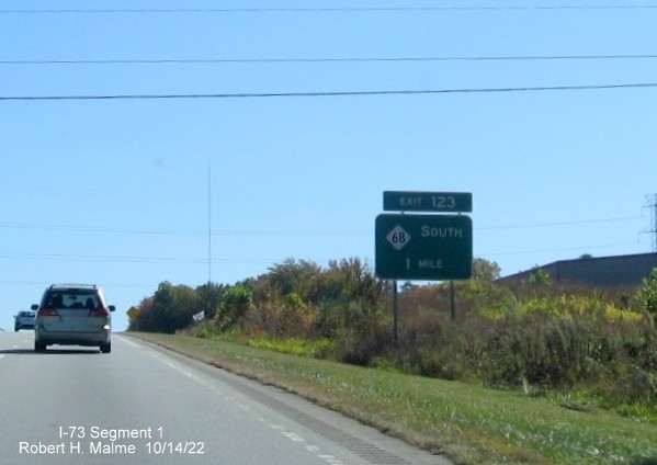 Image of first official I-73 sign for NC 68 along US 220 South in Rockingham County, 
        October 2022