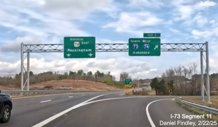 Screen grab image of new Rockingham Bypass, I-73 North/I-74 West on-ramp from Business
74 East, Daniel Findley, February 2025
