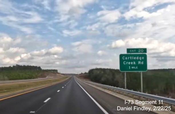 Screen grab image of 1 mile advance sign for Cartledge Creek Road exit on I-73
North/I-74 West Rockingham Bypass, Daniel Findley, February 2025