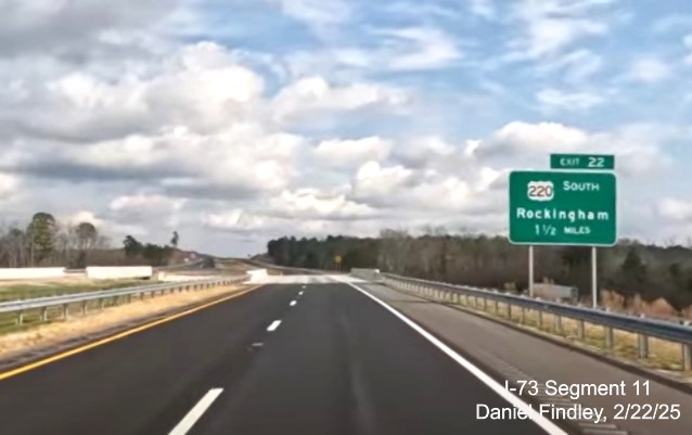 Screen grab image of 1 1/2 mile advance sign for US 220 South exit on I-73
North/I-74 West Rockingham Bypass, Daniel Findley, February 2025