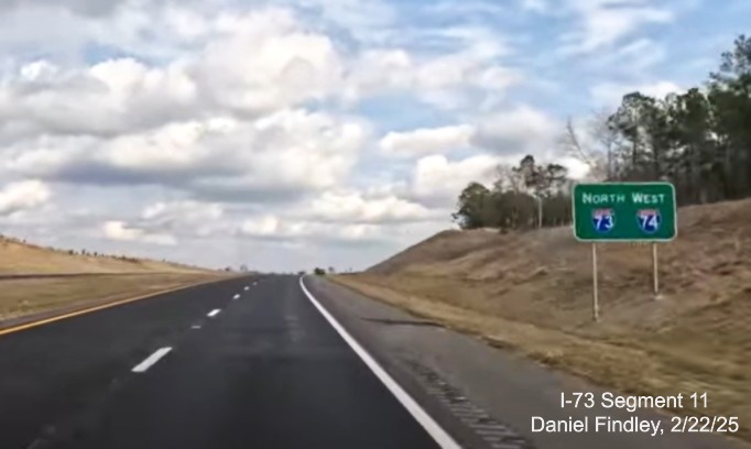 The second North I-73 West I-74 reassurance marker sign after the Cartledge Creek
Road exit, Daniel Findley, February 2025
