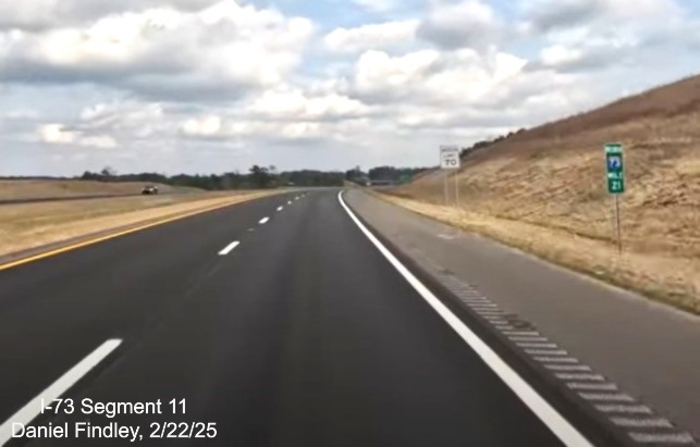 Screen grab image of I-73 North mile marker and Speed Limit 70 sign on I-73
North/I-74 West Rockingham Bypass, Daniel Findley, February 2025