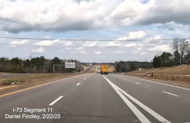 Screen grab image of the merge with US 220 North lanes at the end of the I-73
North/I-74 West Rockingham Bypass, Daniel Findley, February 2025