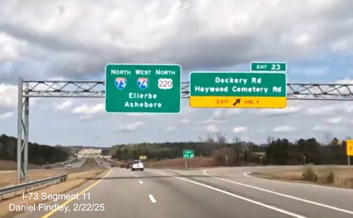 Screen grab image of overhead signage at Dockery Road/Haywood Cemetery Road exit
ramp on I-73 North/I-74 West/US 220 north of Rockingham, Daniel Findley, February 2025