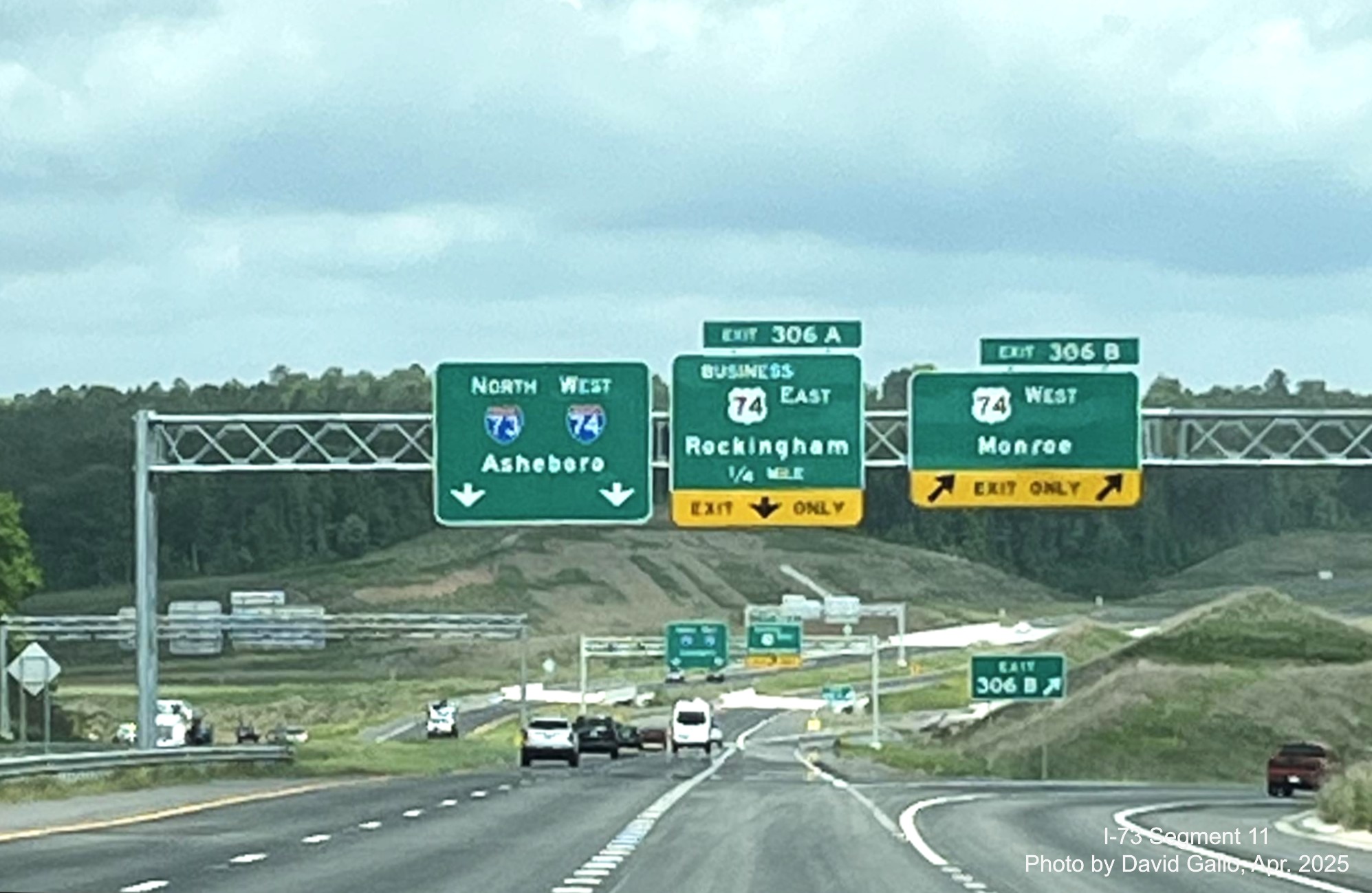 Image of overhead signage at US 74 exit on I-73 North/I-74 West approaching
the Rockingham Bypass by David Gallo, April 2025