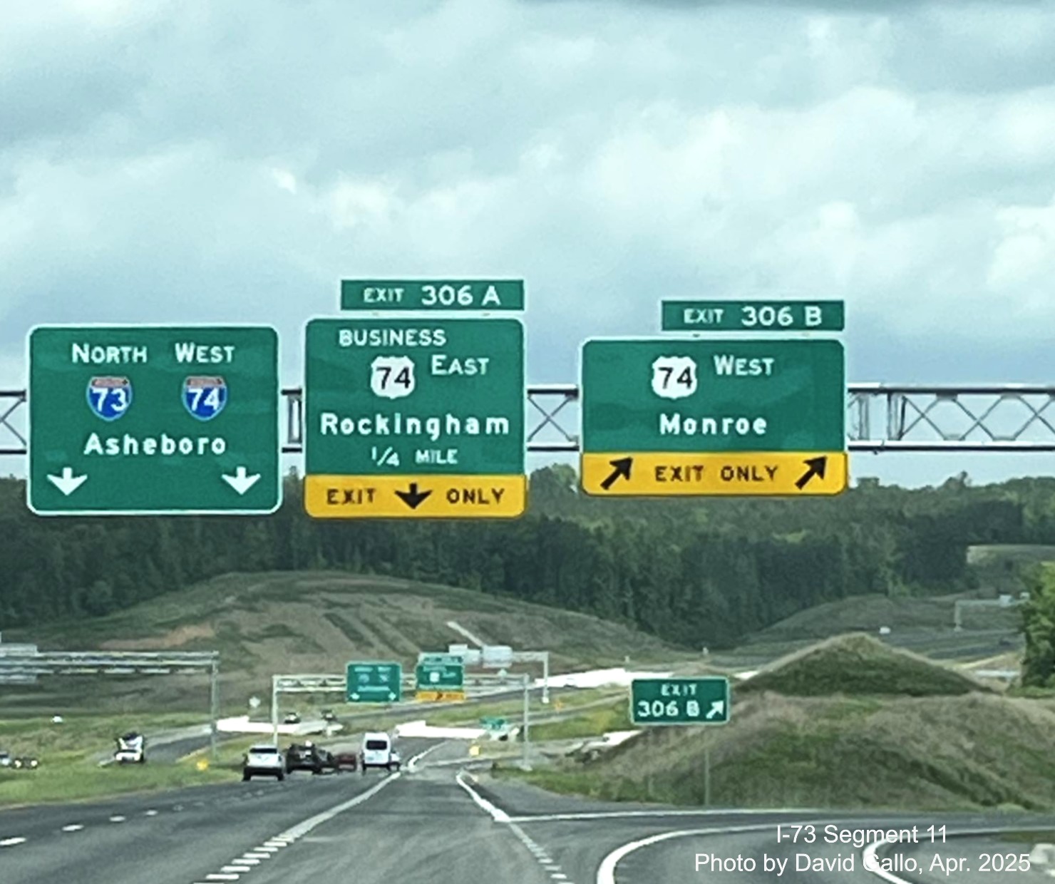 Image of overhead signage at US 74 exit on I-73 North/I-74 West approaching
the Rockingham Bypass by David Gallo, April 2025