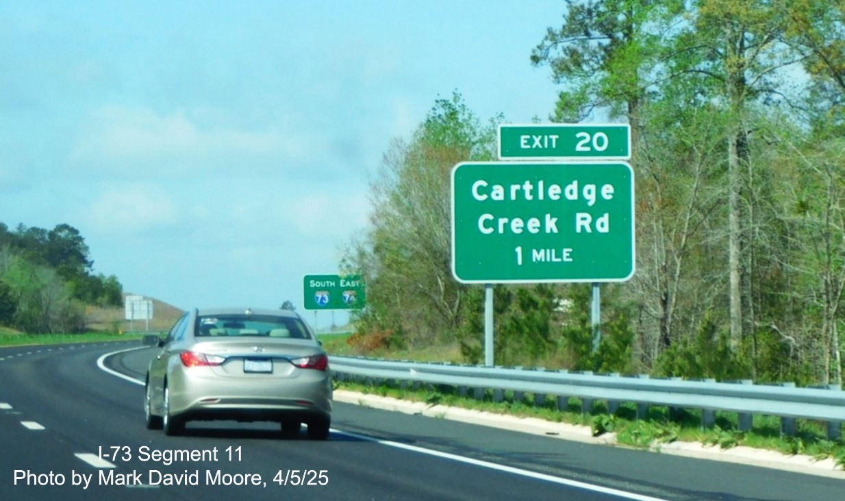 Image of 1 mile advance sign for Cartledge Creek Road exit on I-73 South/I-74 East
Rockingham Bypass by Mark David Moore, April 2025