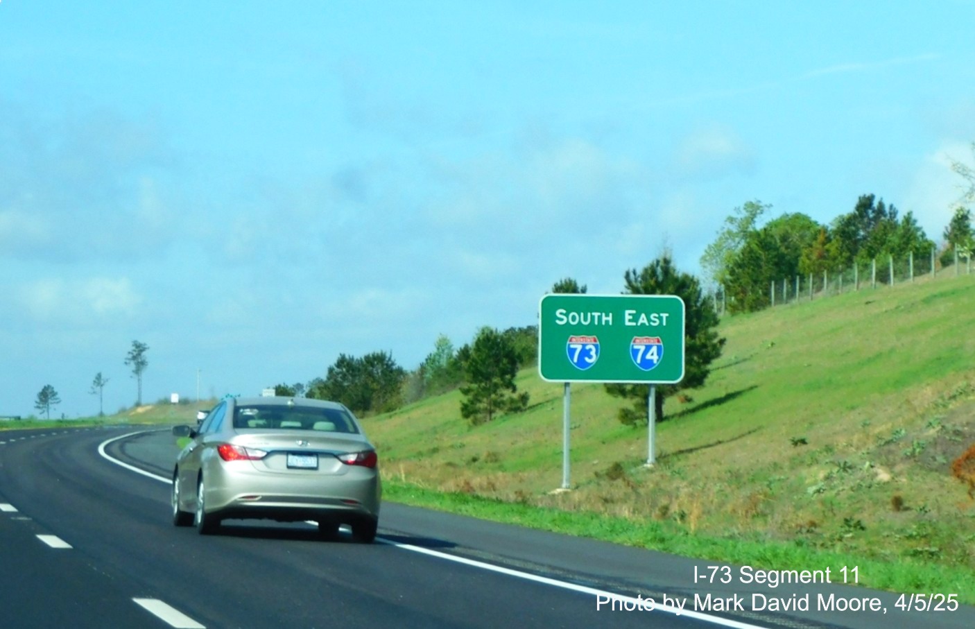 Image of reassurance marker sign for I-73 South/I-74 East on the
Rockingham Bypass after the US 220 exit by Mark David Moore, April 2025