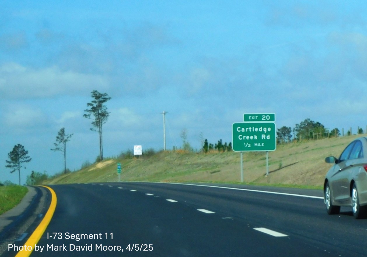 Image of 1/2 mile advance sign for Cartledge Creek Road exit on I-73 South/I-74 East
Rockingham Bypass by Mark David Moore, April 2025