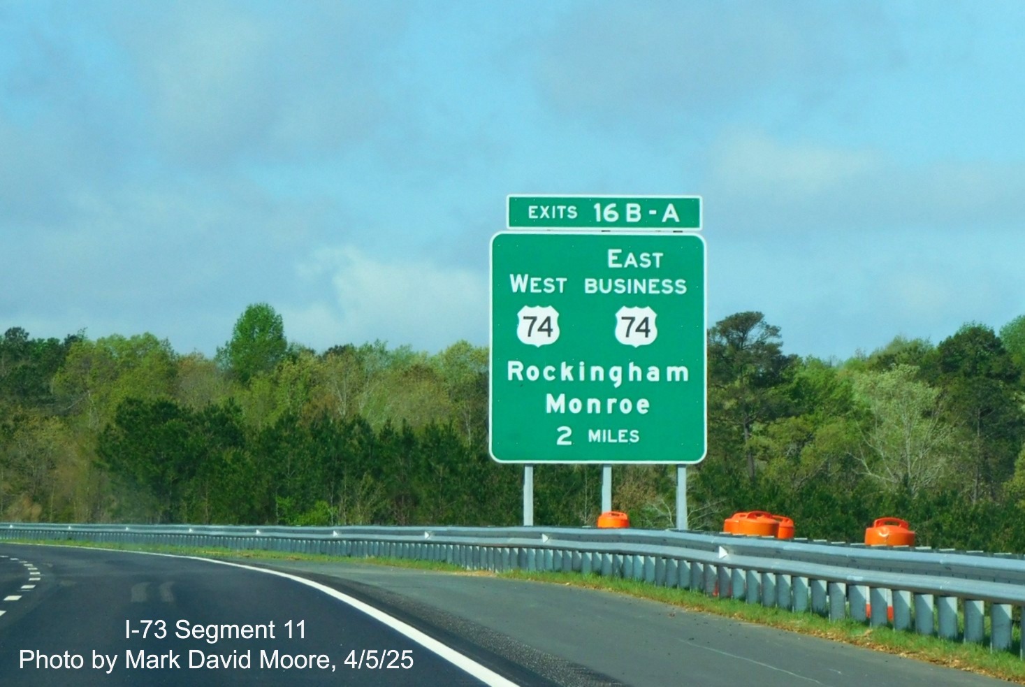 Image of 2 miles advance sign for West US 74/East Business 74 exit on I-73 South/
I-74 East Rockingham Bypass by Mark David Moore, April 2025