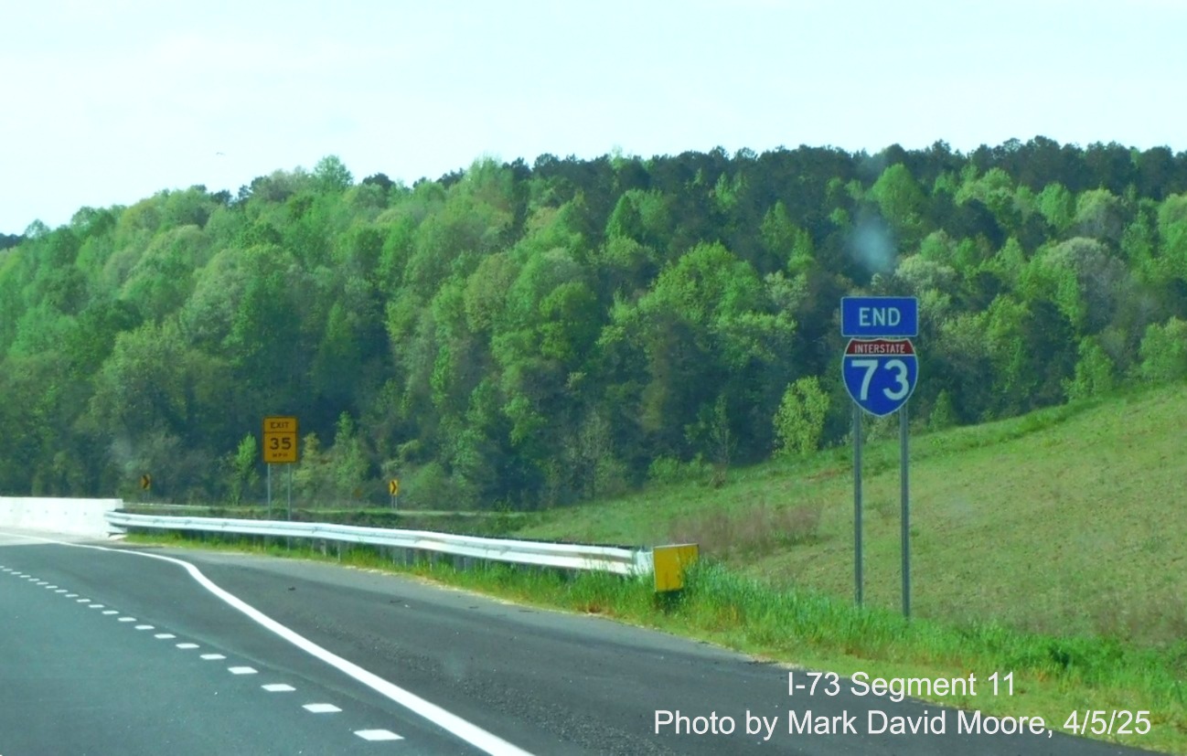 Image of End South I-73 sign near the end of the Rockingham Bypass by Mark
David Moore, April 2025
