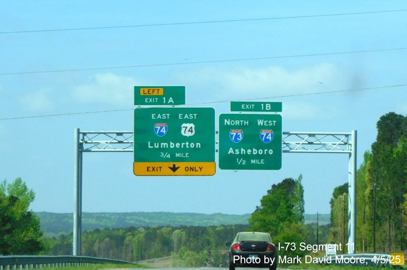 Image of overhead advance signs for I-73/I-74 and I-74/US 74 Rockingham Bypasses
on US 74 Business West by Mark David Moore, April 2025