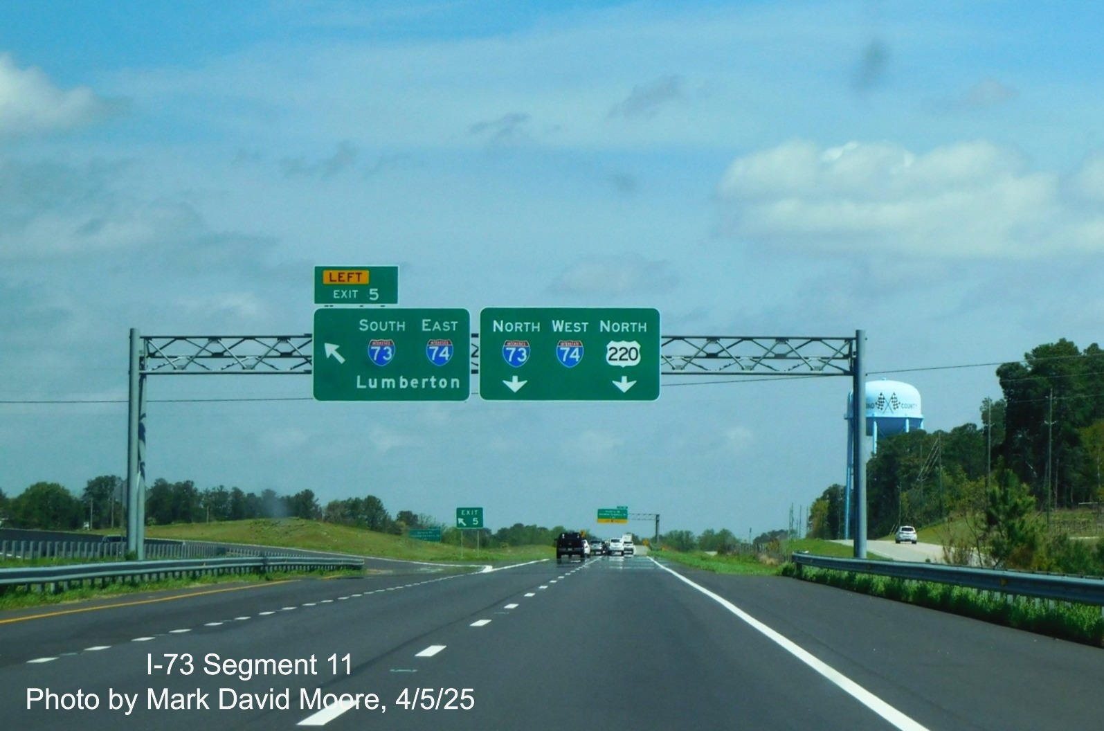 Image of ground mounted 1/2 mile advance sign for the I-73/I-74 Rockingham
Bypass on US 220 North by Mark David Moore, April 2025