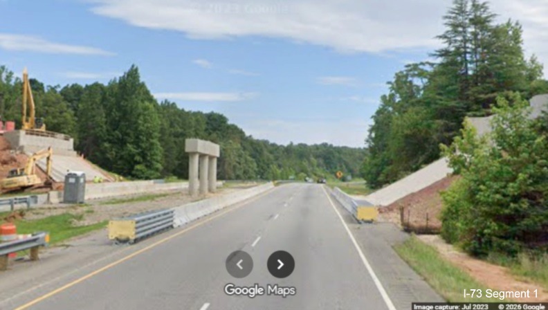 Image of bridge construction along US 220 North at the Smith Road exit in Rockingham
County, Google Maps Street View, August 2023