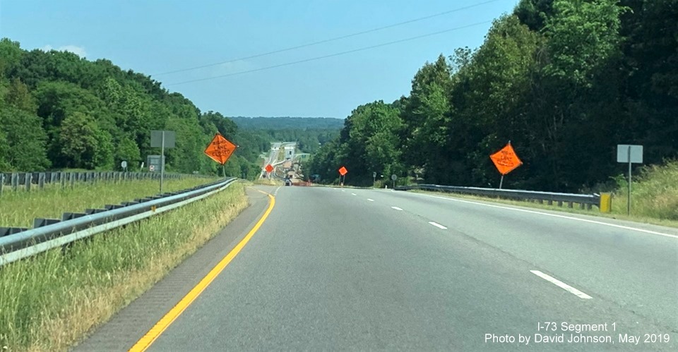 Image of construction area signs approaching US 220 Business exit on US 220/Future I-73 North in Stoneville, by David Johnson