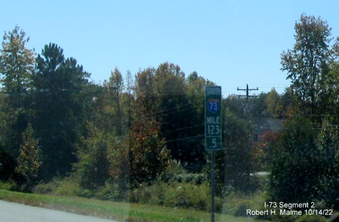 Image of first I-73 South mile marker prior to NC 68 exut in Rockingham County, October 2022