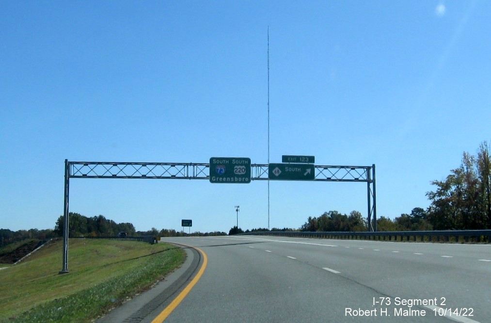 Image of overhead sign at NC 68 exit at start of I-73 South in Rockingham County, October 2022