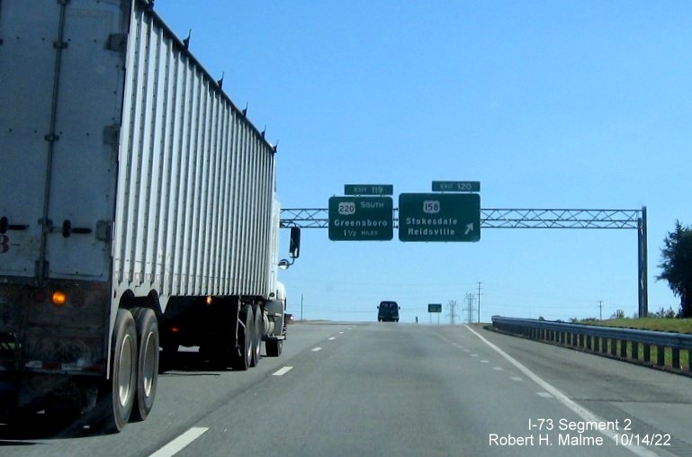 Image of overhead sign at US 158 exit on I-73 South in Stokesdale, Rockingham County, October 2022