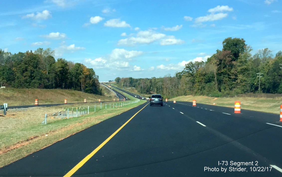 Image of US 220 highway north and completed I-73 lanes approaching bridge over US 158, by Strider