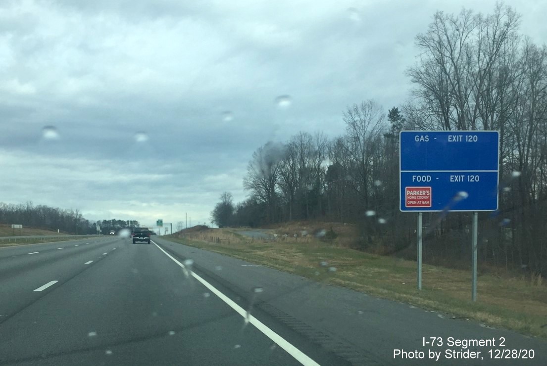 Image of new blue services sign for US 158 exit on I-73/US 220 North in Summerfield, by Strider, December 2020