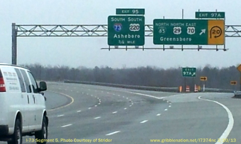 Photo of new I-73 signage for Exit 95 along Greensboro Loop at Business 
85 Exit in March 2013, Courtesy of Strider