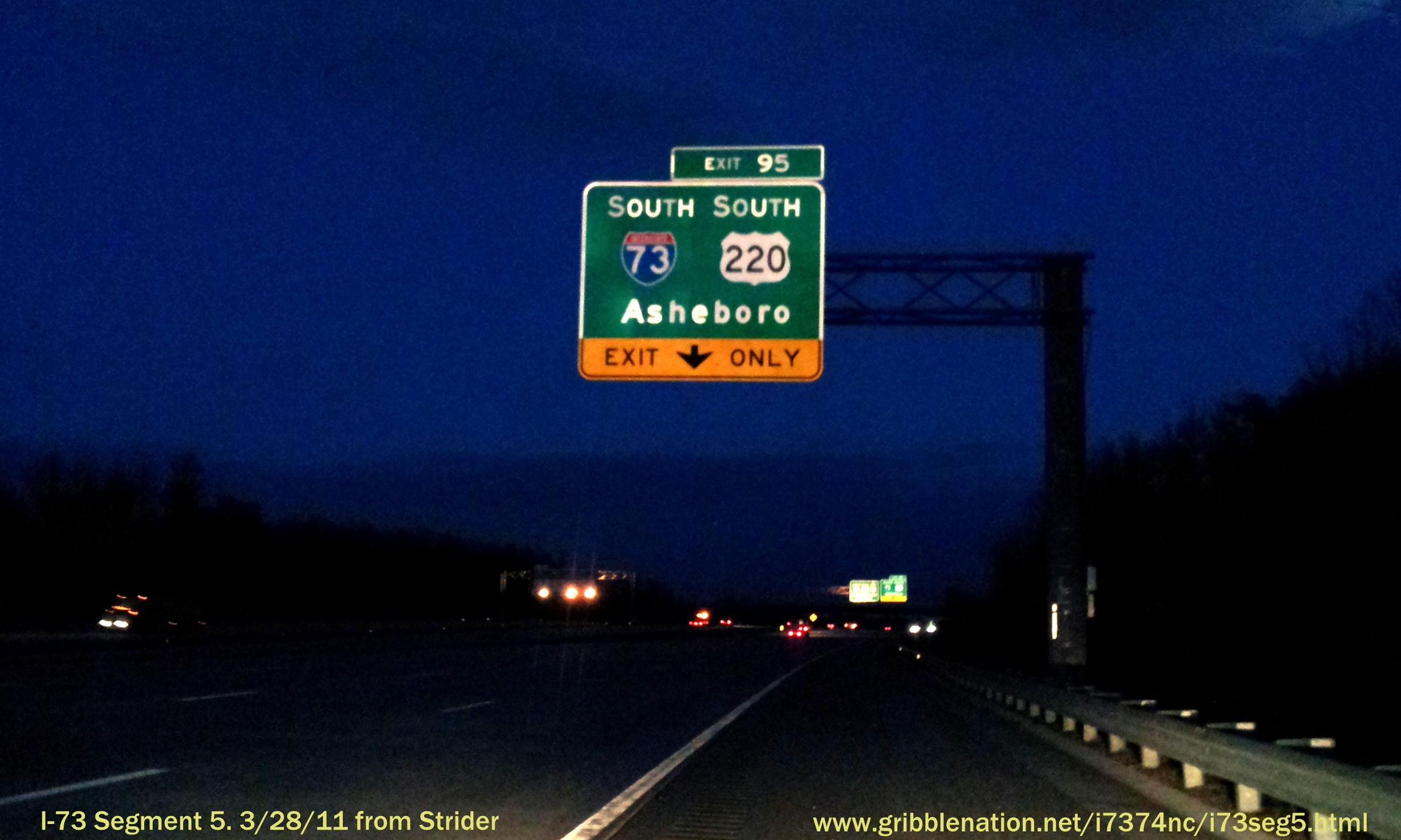 Photo of new I-73 signage for Exit 95 along Greensboro Loop approaching 
junction with I-85 in March 2013, Courtesy of Strider