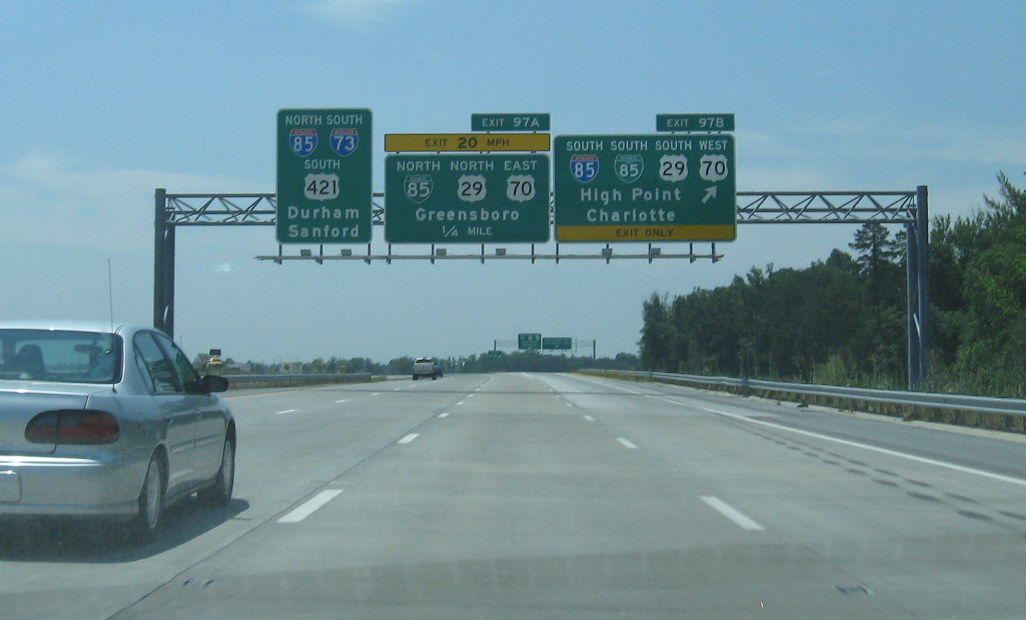 Photo of exit signage approaching I-85 South exit on I-73 Greensboro Loop
in June 2009