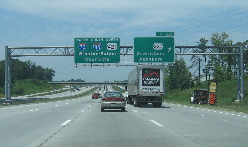 Photo of exit signage along I-85 north approaching the I-73 portion of
the Greensboro Loop in June 2009