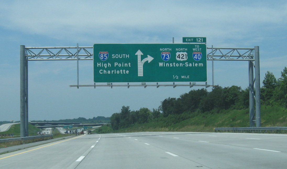 Exit signage at the Split of I-85 South and I-73 North on the Greensboro
Loop in June 2009