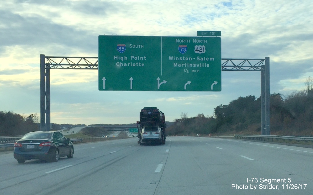 Image of new arrow-per-lane advance sign for I-73/US 421 North exit on I-85 South/Greensboro Loop, by Strider