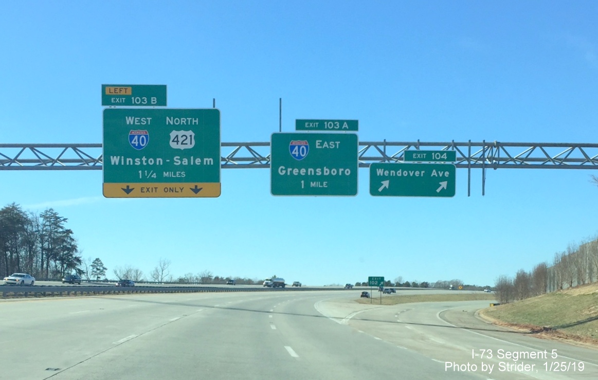 Image of newly placed overhead signs at ramp to Westover Ave for I-40 exits on I-73 North/Greensboro Loop, by Strider