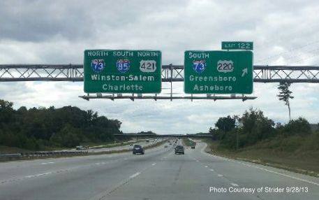 Photo of I-73 signage on I-85 Greensboro Loop in 
Sept. 2013 from AARoads Forum contributor Strider