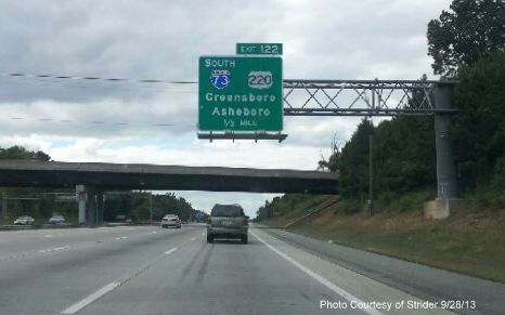 Photo of I-73 now appearing on I-85 Greensboro 
Loop Signage in Sept. 2013, from Strider