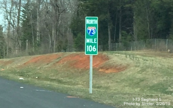 Image of newly placed I-73 milemarker along I-73 North/I-840 East section of Greensboro Loop in Feb. 2019, by Strider
