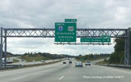 Photo of I-73 appearing on I-85 South Greensboro 
Loop Signage in Sept. 2013, from Stider