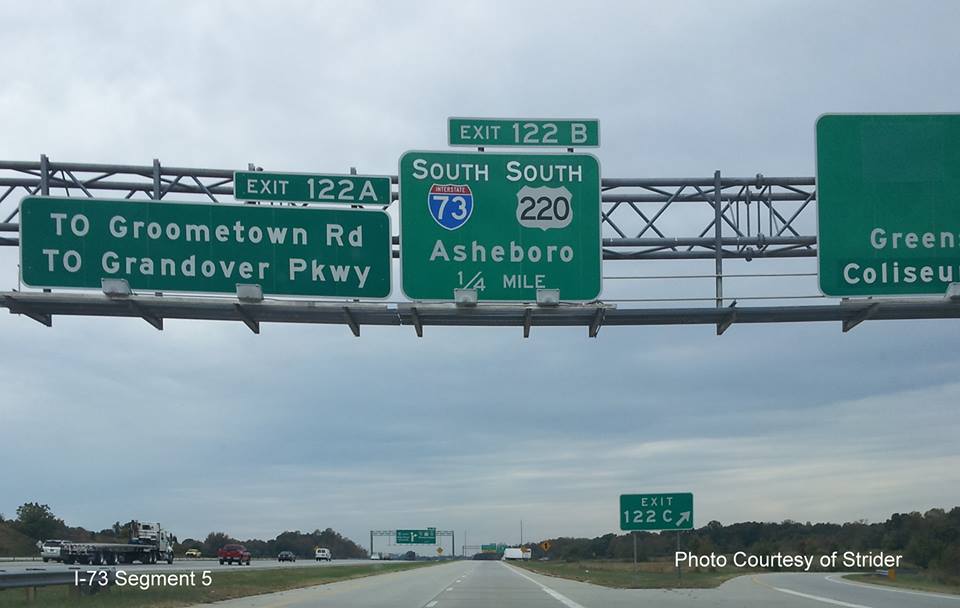 Photo of new I-73 on Overhead sign approaching C/D 
off-ramp on I-85 South