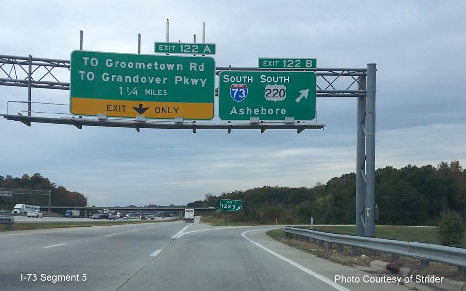 Photo of new I-73 shield on US 220 Exit sign on I-85
in Greensboro, from Strider