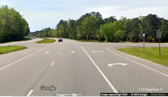 Image of future interchange site at the current intersection of US 74 East and NC 130 East in Robeson 
        County, Google Maps Street View, April 2023