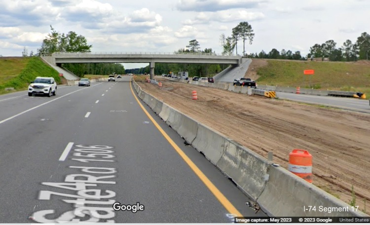 Image of median related work on US 74/NC 130 in Boardman near Old Boardmand Road bridge, Google Maps 
        Street View image, April 2023