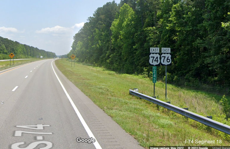 Image of East US 74/76 reassurance marker along the Whiteville Bypass (Future I-74) after 
                                                 the Union Valley Road exit in Whiteville, Google Maps Street View image, May 2022