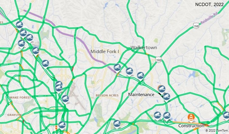 Image of NCDOT traffic map showing completed section of NC 74/Winston-Salem Northern Beltway, 
                                              November 2022