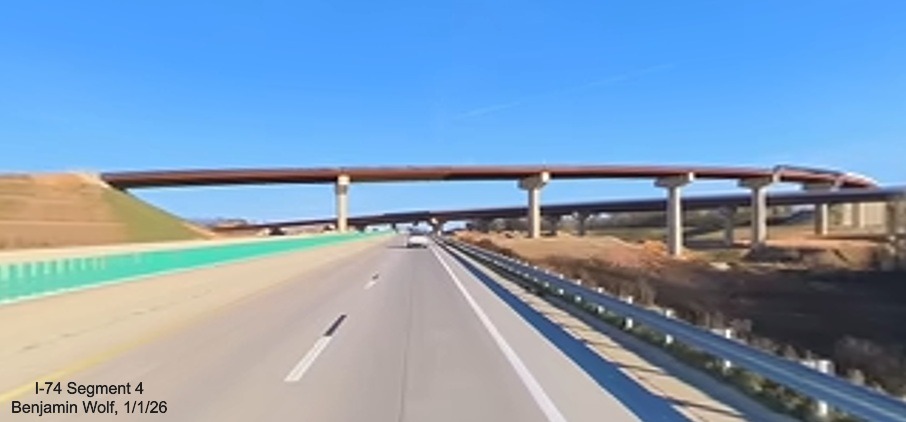 Image of flyover ramps under construction as part of the I-74 Winston-Salem
Northern Beltway interchange project on I-40 East, screen grab from Benjamin Wolf video, January 2026