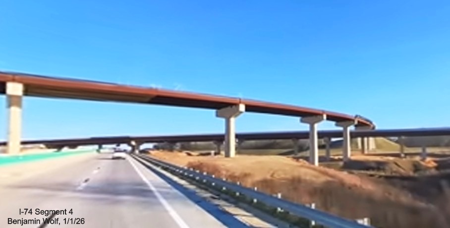 Image of future I-74 East to I-40 East flyover ramp as part of the I-74 Winston-Salem
Northern Beltway interchange project on I-40 East, screen grab from Benjamin Wolf video, January 2026
