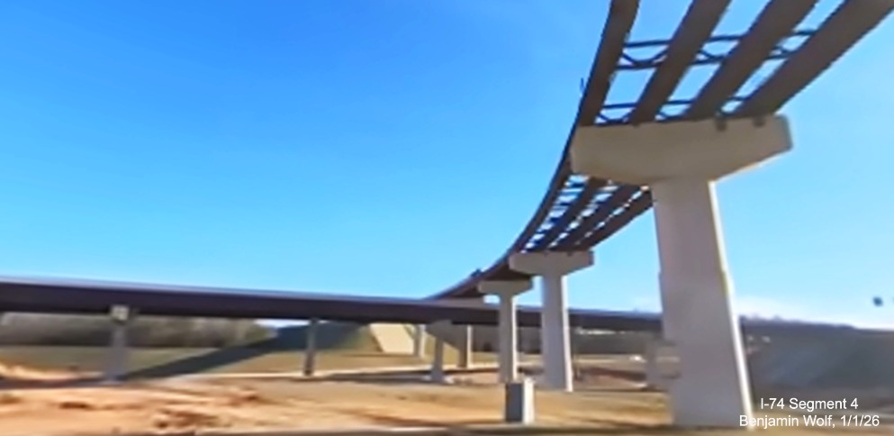 Image of steel beams in place for I-74 East to I-40 East flyover ramp in Winston-Salem
Northern Beltway interchange project work zone, screen grab from Benjamin Wolf video, January 2026