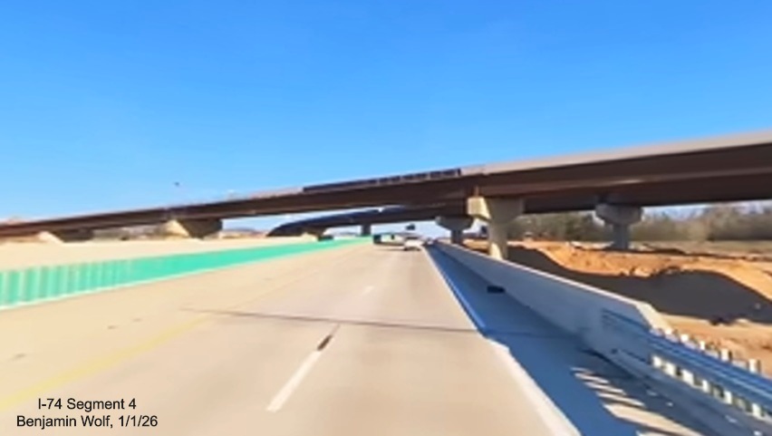 Image of flyover ramp construction from I-40 East in the Winston-Salem
Northern Beltway interchange project work zone, screen grab from Benjamin Wolf video, January 2026