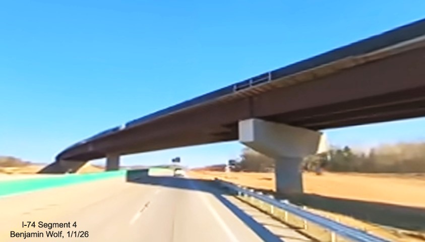 Image of future flyover ramp from I-40 West to I-74 East crossing over I-40 East in
Winston-Salem Northern Beltway interchange project work zone, screen grab from Benjamin Wolf video, January 2026